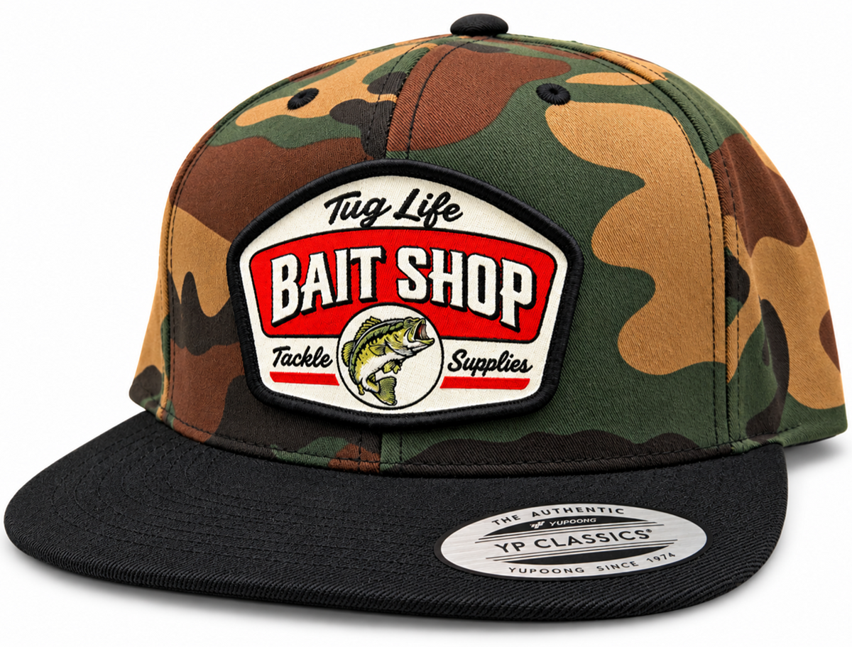 Tug Life bait shop camo flat bill